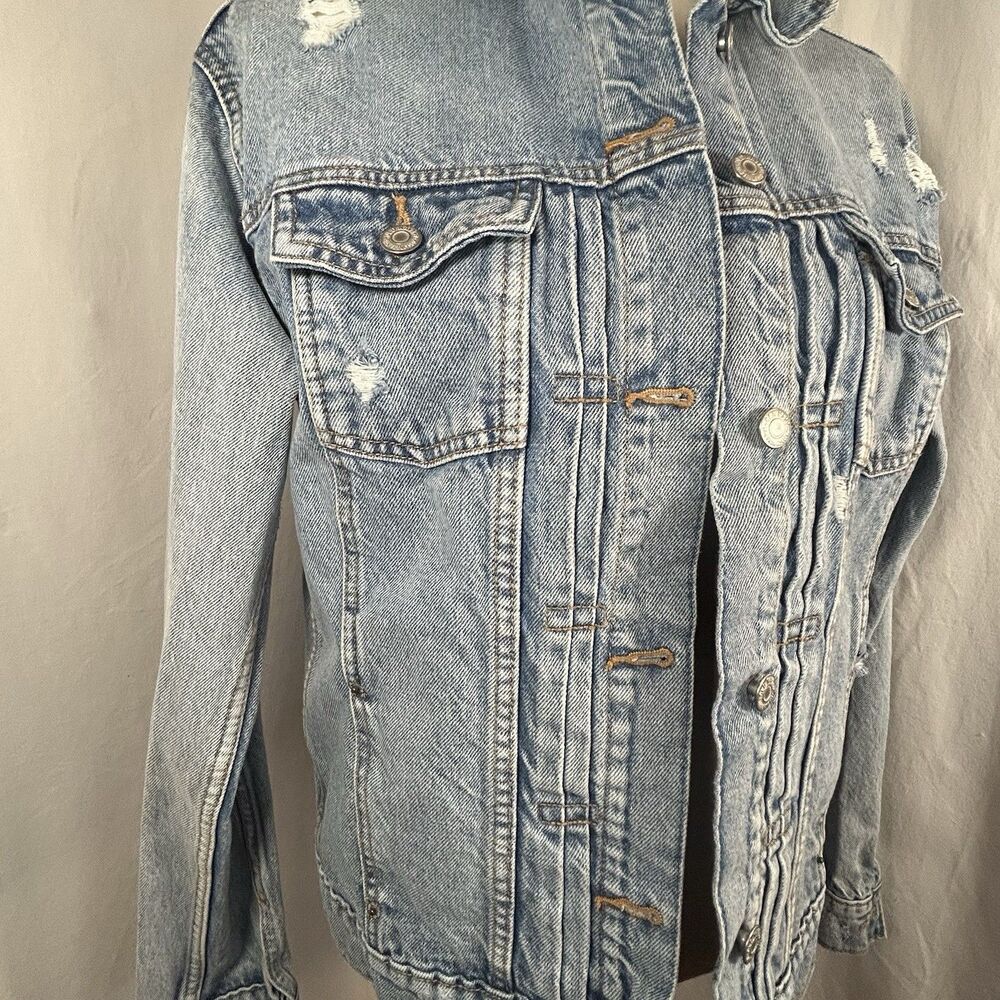 Old Navy Denim Jean Jacket Blue Distressed Cotton Trucker Western Women Med Tall - Picture 5 of 16
